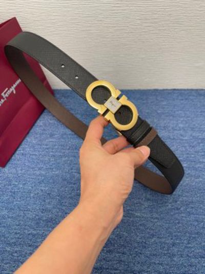 1:1 Ferragamo  Brown&Black Leather Belt  with Gold Logo buckle  3.5cm